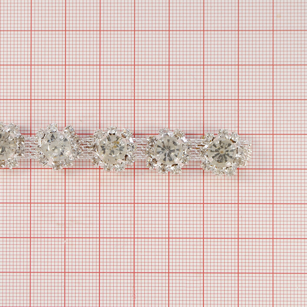 Декор металлический Цепочка со стразами Кружочки, 1,4см, серебро, crystal, ярд. Декор Металл Пришивной