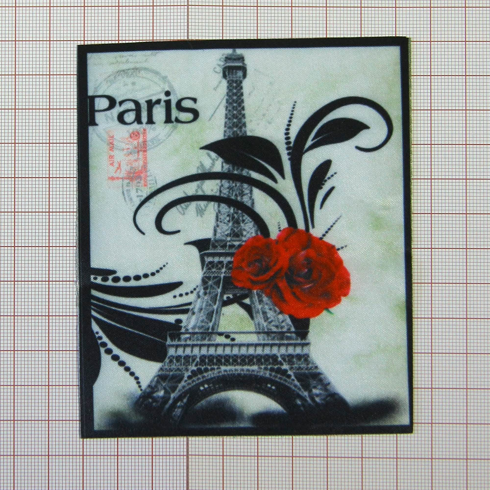 Нашивка тканевая Париж Башня Красная Роза 9,5*11см, серый фон, черная рамка, красно-серо-черный рисунок, шт. Нашивка Ткань, Войлок