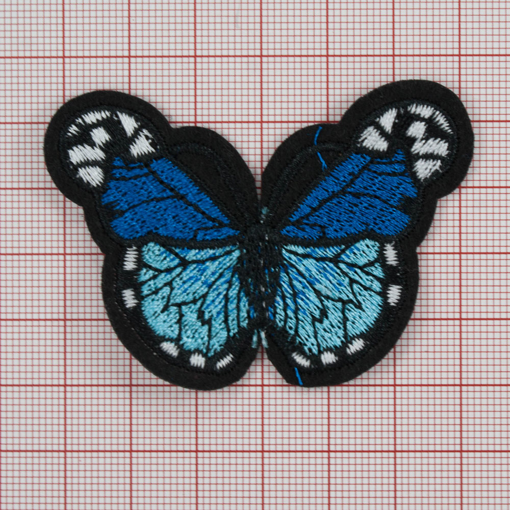 Аппликация клеевая вышитая Бабочка Морфо 6,8*4,8см, синий, голубой, белый, черный. Аппликации клеевые Вышивка
