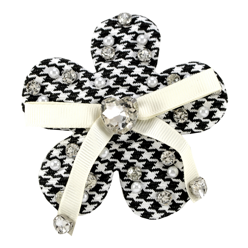 Булавка с шевроном Цветок, 9.3*9.3см,  черно-белый, узор гусиные лапки, жемчуг, белые стразы, шт. Булавки