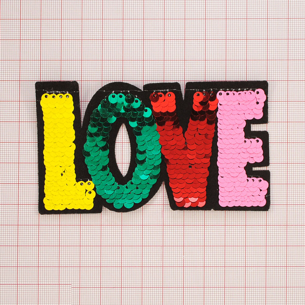 Аппликация клеевая пайетки двусторонняя LOVE 6*11,5см, черный, желтый, зеленый, красный, розовый, шт. Аппликации клеевые Пайетки