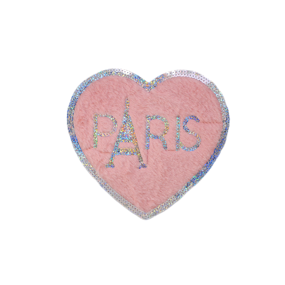 Аппликация пришивная пайетки и мех PARIS в сердце, 19,5*20,3см, розовый, голографические пайетки, шт. Аппликации Пришивные Мех Флок