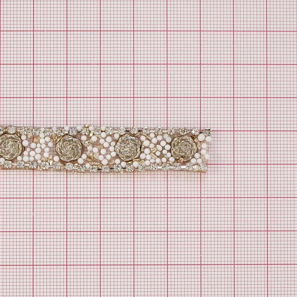 Тесьма стразы клеевые Розы 14мм серебро, кристалл, белые бусины, ярд. Тесьма из страз