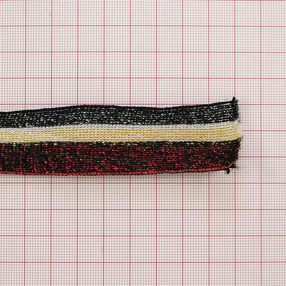 Тесьма лампасная Полоски, 3,5см, серебряный и красный люрекс, бежевый, ярд. Тесьма