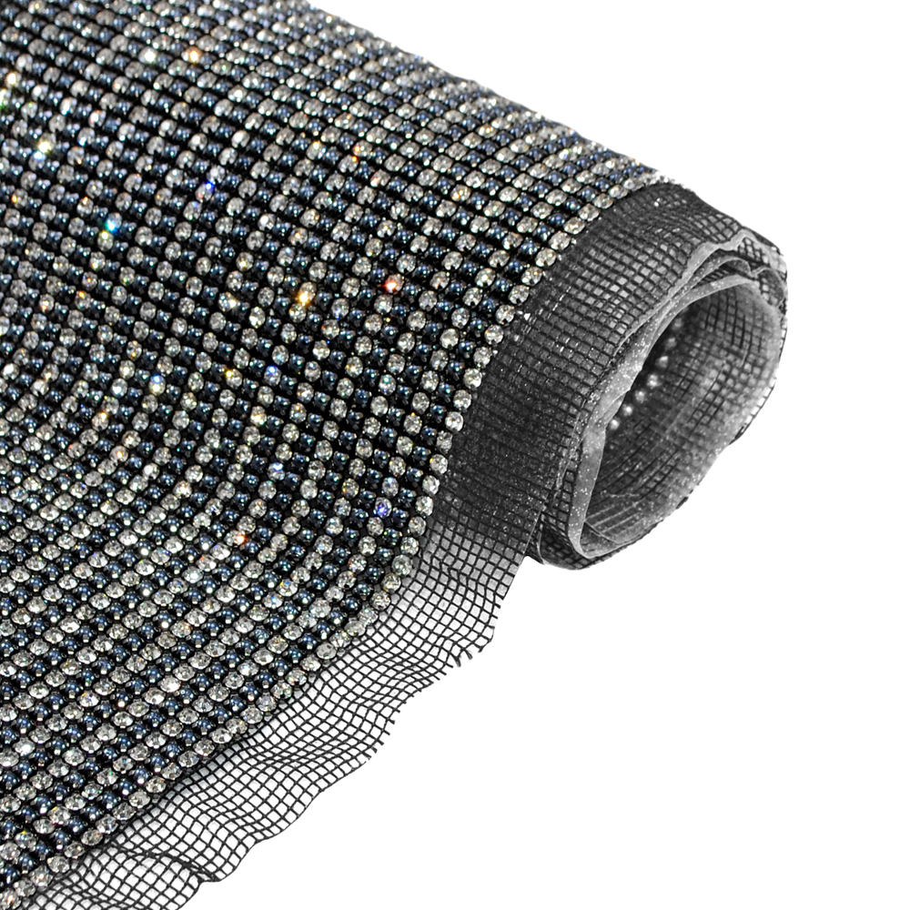 Тесьма стразы клеевые сетка 18мм black nikel, черный жемчуг, белые камни, ярд. Тесьма из страз