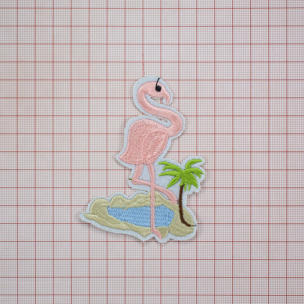 Аппликация клеевая вышитая Фламинго 9*6,5см розовый, черный, голубой, зеленый, коричневый, шт. Аппликации клеевые Вышивка
