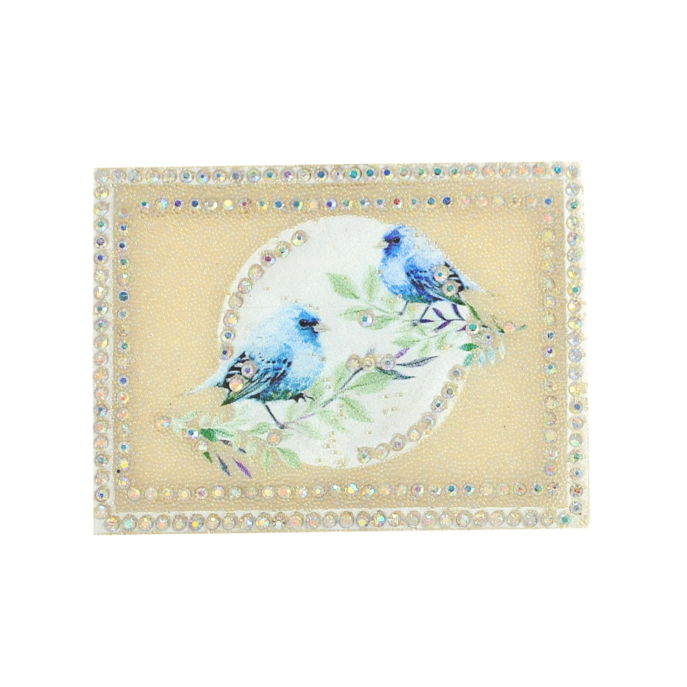 Аппликация клеевая стразы, стеклянная крошка Птицы синие 6*8см прозрачный бисер, хамелеон камни, белый кант, шт. Аппликации клеевые Стразы комб.