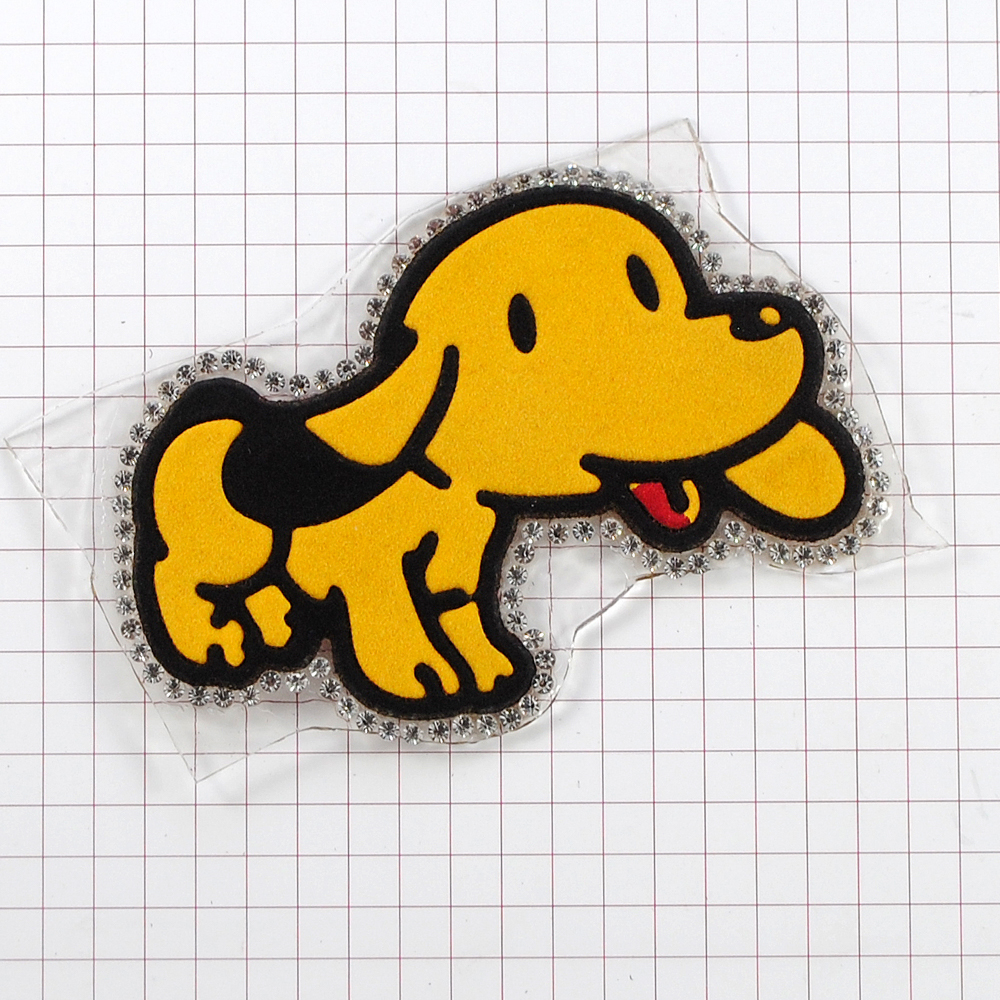 Термоаппликация тканевая стразы велюр Щенок 7,5*5,8см желтый, черный, белые камни, шт. Аппликации клеевые Тканевые