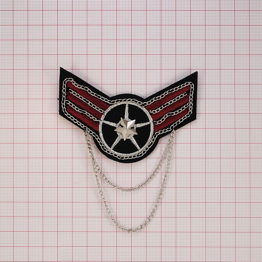 Брошь № 35 Крылья-колесо черный, красный, люрекс серебро, цепи, звезда NIK, шт. Броши