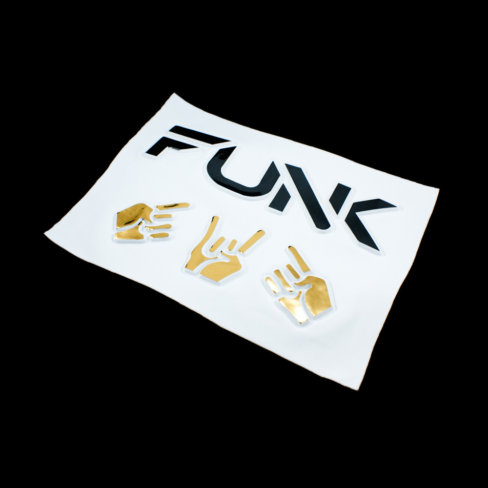 Аппликация пришивная конгрев FUNK 17,5*24,5см. белый фон, черный текст, золотая фольга, шт. Аппликации Пришивные Рельефные