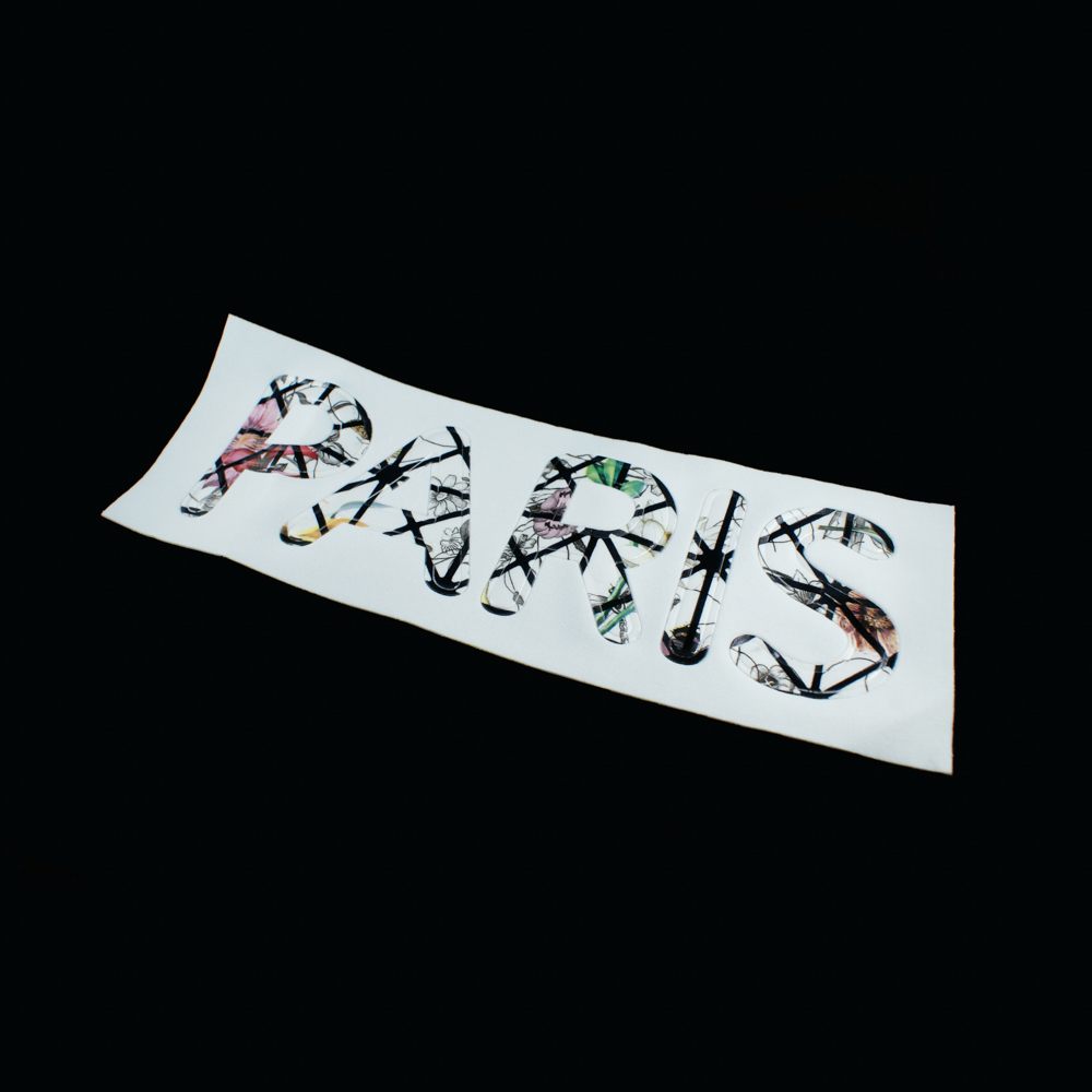 Аппликация пришивная PARIS 28*11см, белый фон, буквы - черно-желто-розовый рисунок Цветы, шт. Аппликации Пришивные Постер