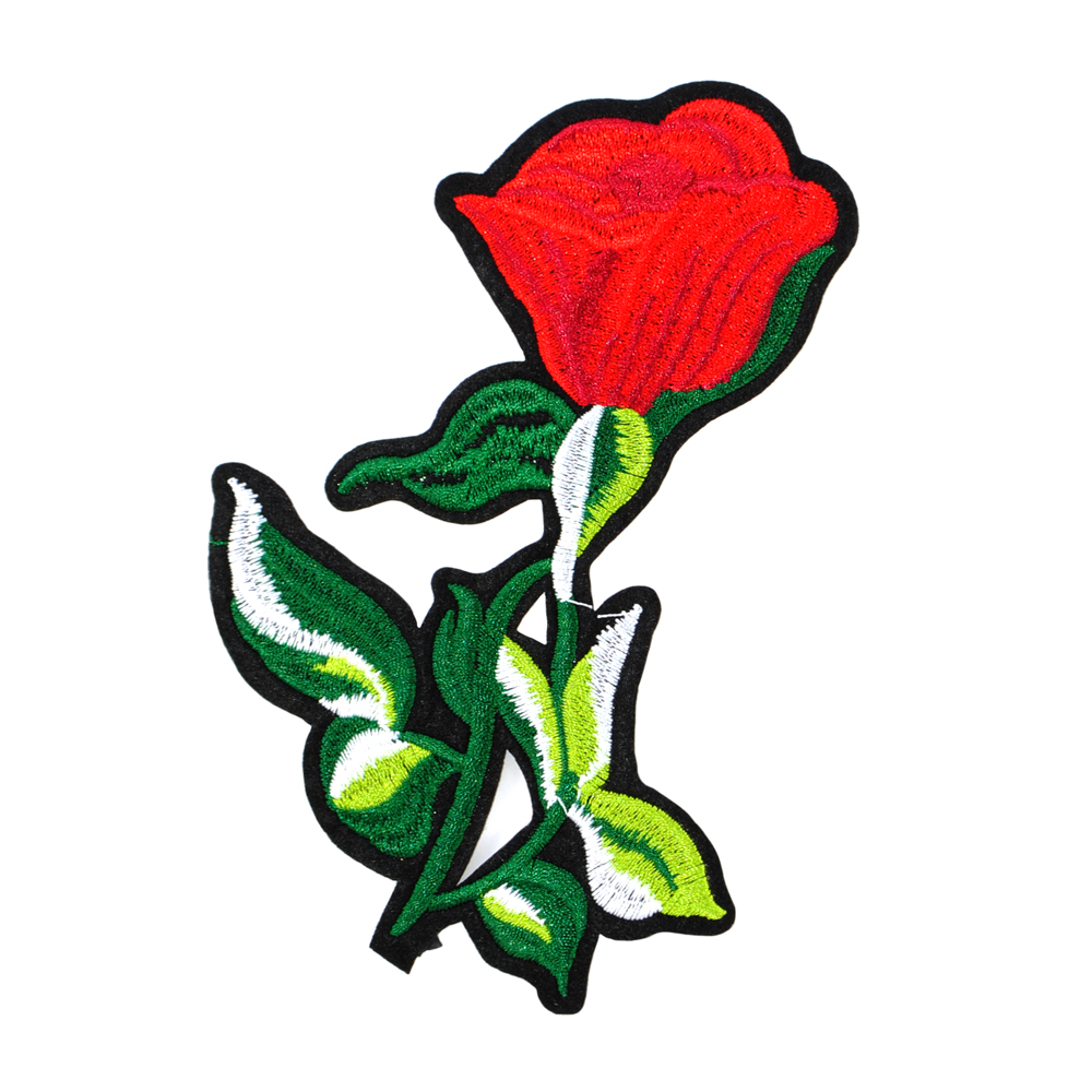 Аппликация клеевая вышитая Роза на стебле 16*11см черный, красный, белый, зеленый. Аппликации клеевые Вышивка
