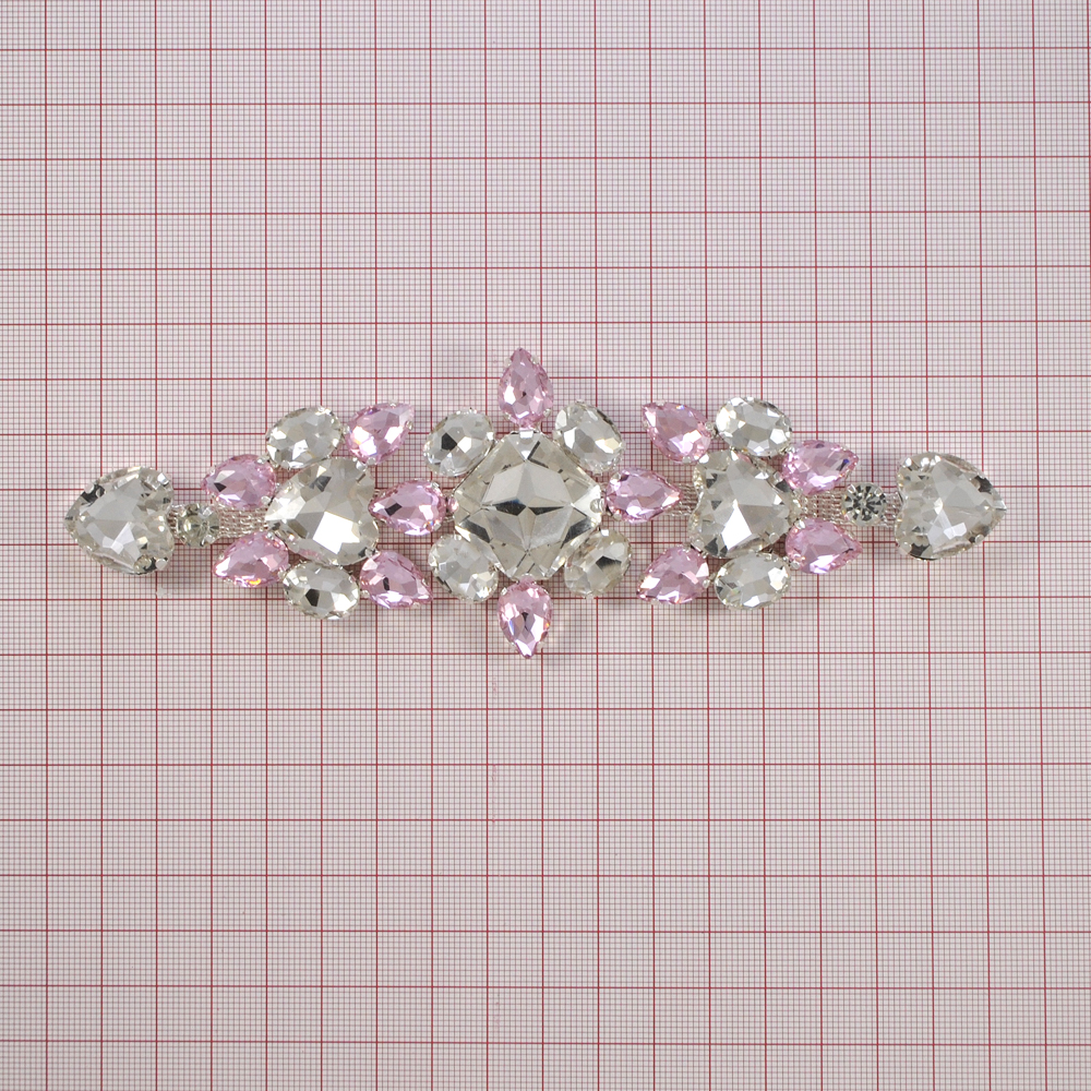 Декор стразы Цветы, 17*5,5см, никель, белые и розовые камни, шт. Тесьма из страз