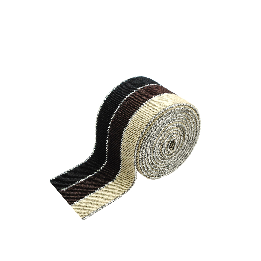 Резинка Полосы 4см, черный, коричневый, бежевый и серебряная нить, 50ярд. Резинка