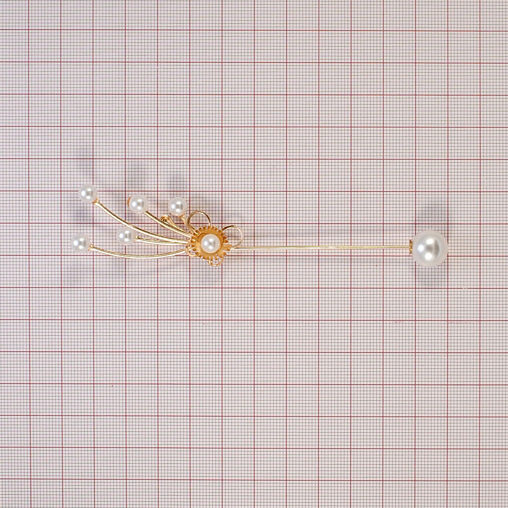 Булавка металлическая с с жемчугом Хвост кометы, 3*11см, зол., бел., шт. Булавки