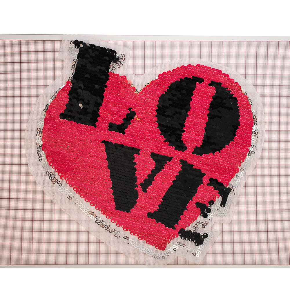 Аппликация пришивная пайетки двусторонние LOVE в сердце 20.5*19см, желтый, черный, шт. Аппликации Пришивные Пайетки