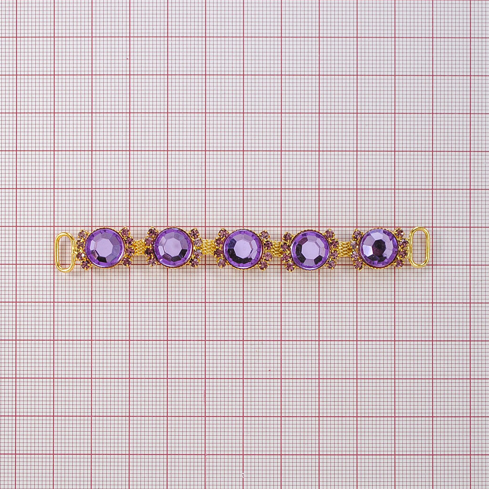 Укр.стекл  9901 перетяж. 9,5*1,2см GOLD (кругл.), 8 мелк.СИРЕНЕВ.камни, 5 крупн.сиренев.кругл. камня. Перетяжка металл со стразами