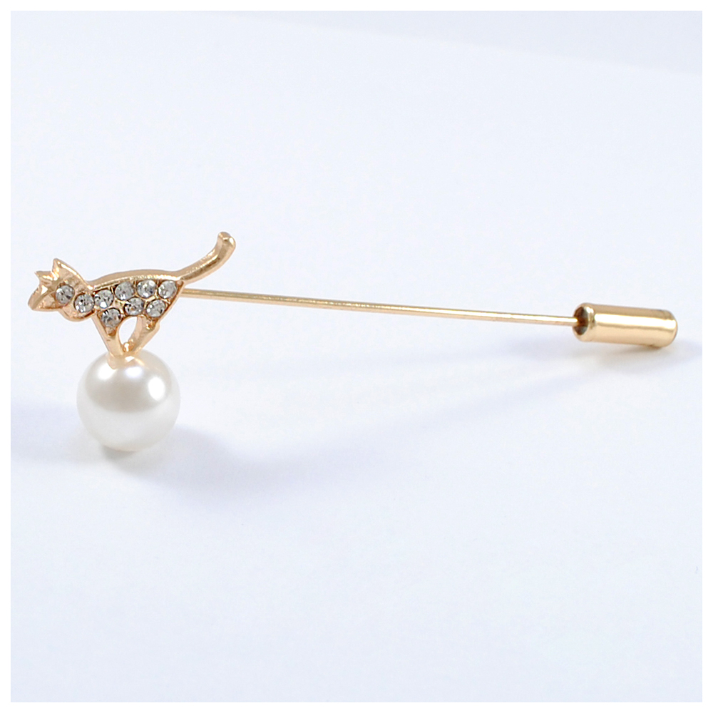 Булавка Жемчуг Кошка на шаре 7*2,3см gold и белый жемчуг, шт. Булавки
