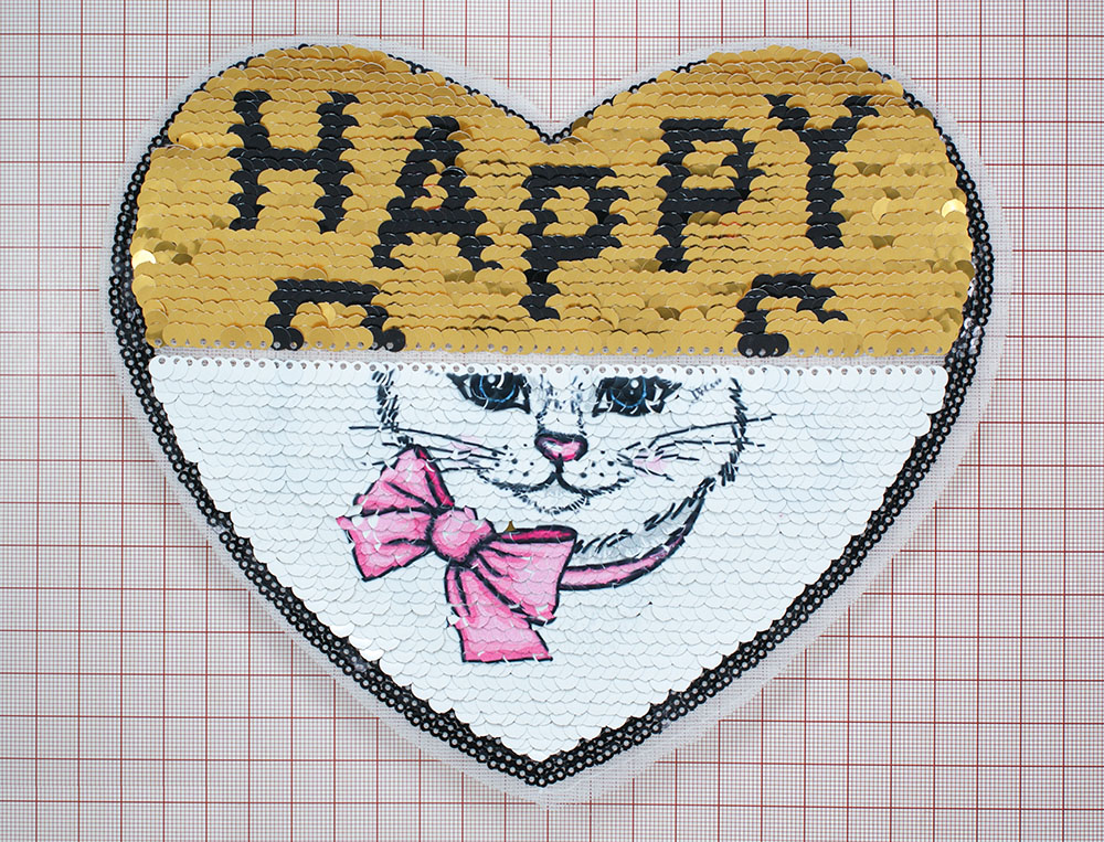 Аппликация пришивная пайетки двусторонняя Сердце Котенок Бант/Happy days 21*18см цветные пайетки, шт. Аппликации Пришивные Пайетки