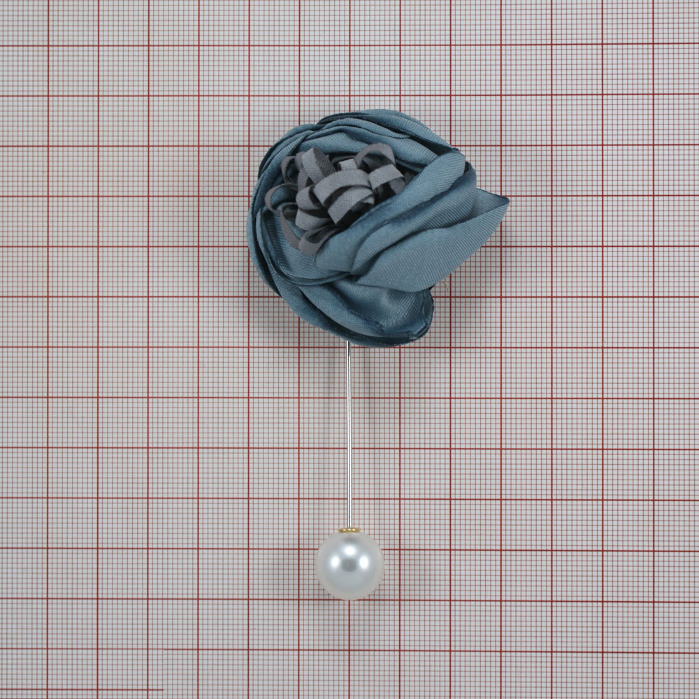 Булавка Бутон 5*6см никель, серо-синий, белый жемчуг. Булавки