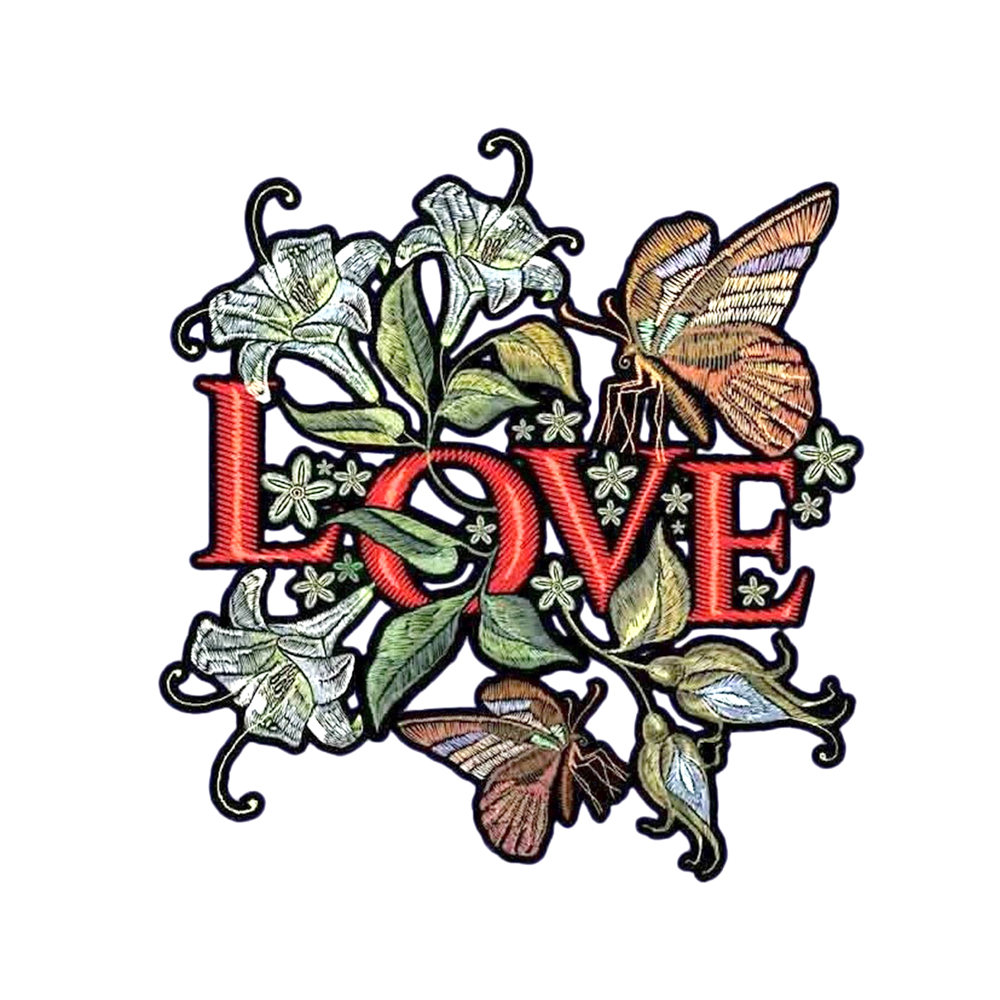 Термоаппликация LOVE цветы, бабочки 20,6*22см зеленый, красный, оранжевый, черный, шт. Термопереводки Цветы, Птицы