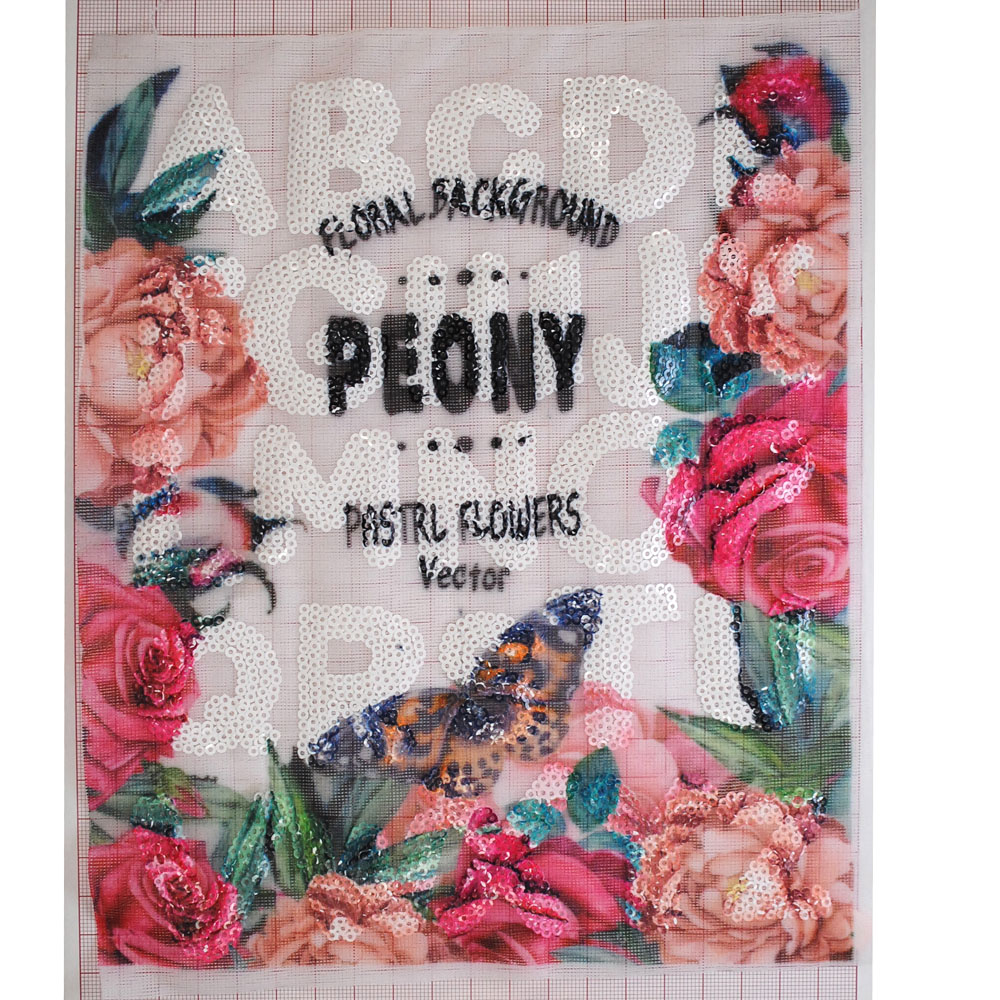 Аппликация пришивная пайетки PEONY Бабочка и Цветы 27*20см белый, цветной, шт. Аппликации Пришивные Пайетки