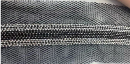 Тесьма на сетке с металлическими шариками (12 рядов), черная основа, никель, блек никель, ярд. Тесьма