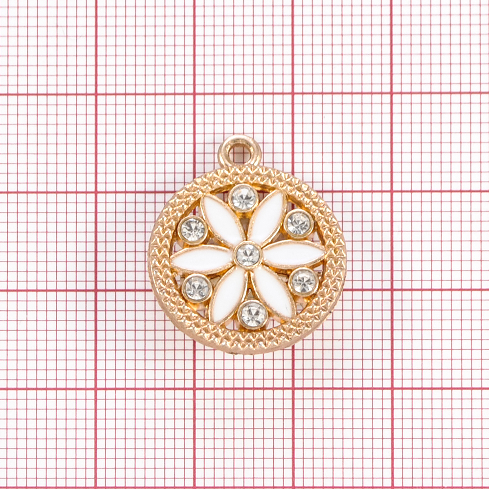 Подвеска металл Цветок, 2*2см, зол., бел.эмаль, камни АА, шт. Подвески
