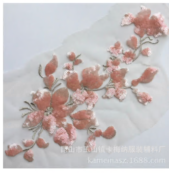Аппликация вышивка с пайетками Цветы, 29*13см, пудра, шт. Аппликации Пришивные Цветы Банты