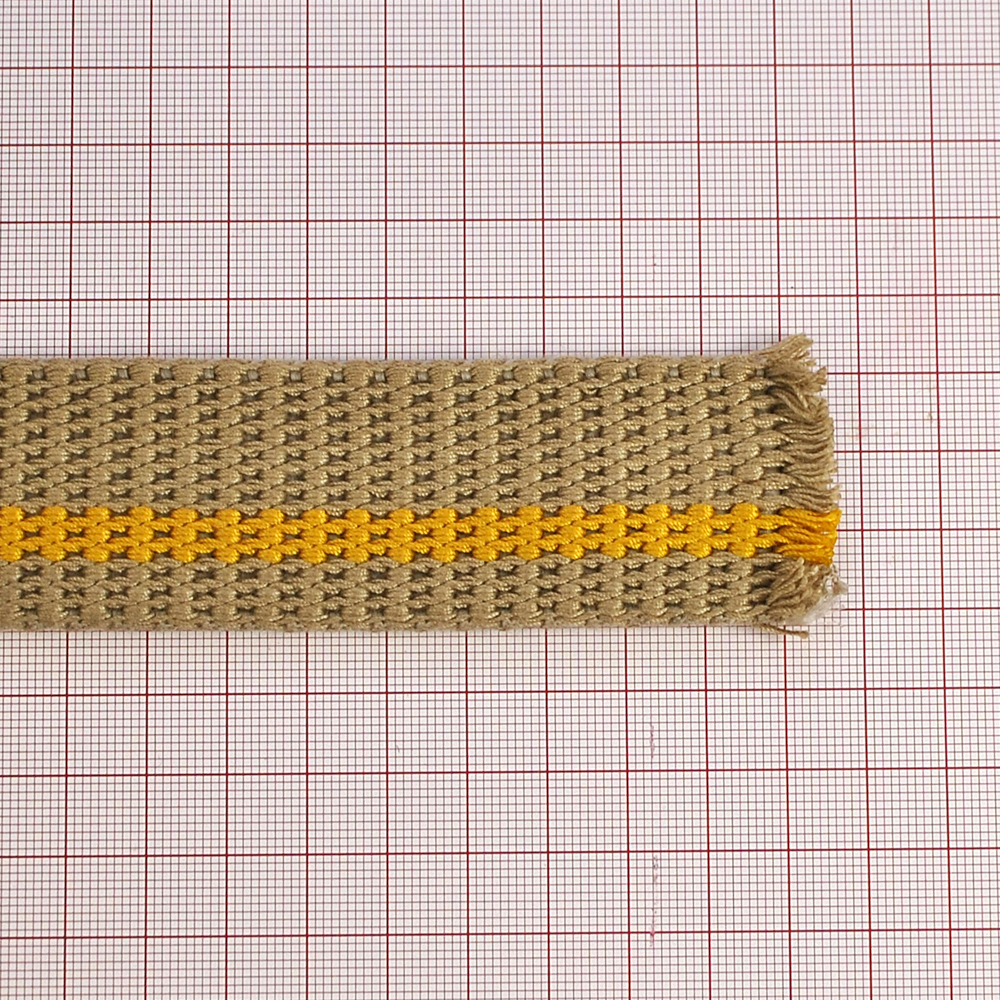 Тесьма ременная 3,5см хаки, желтая полоса, м. Тесьма Сумочная, Ременная