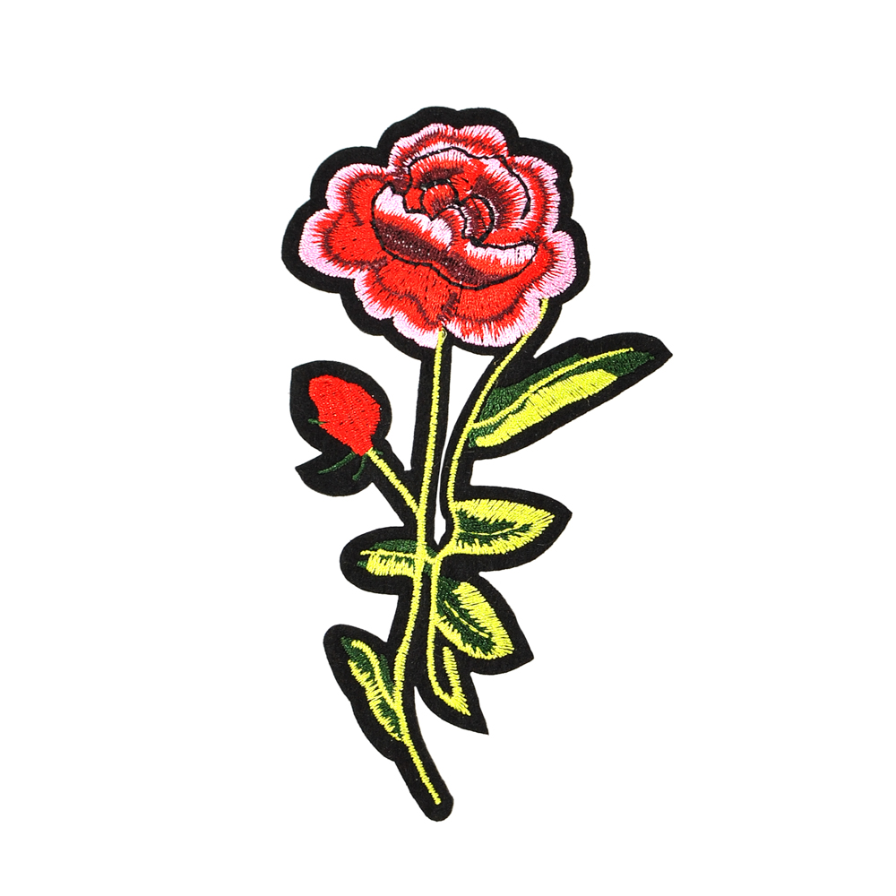 Аппликация клеевая вышитая Роза Аве Мария 12,8*7см черно-розово-красный цветок, салатный стебель, шт. Аппликации клеевые Вышивка