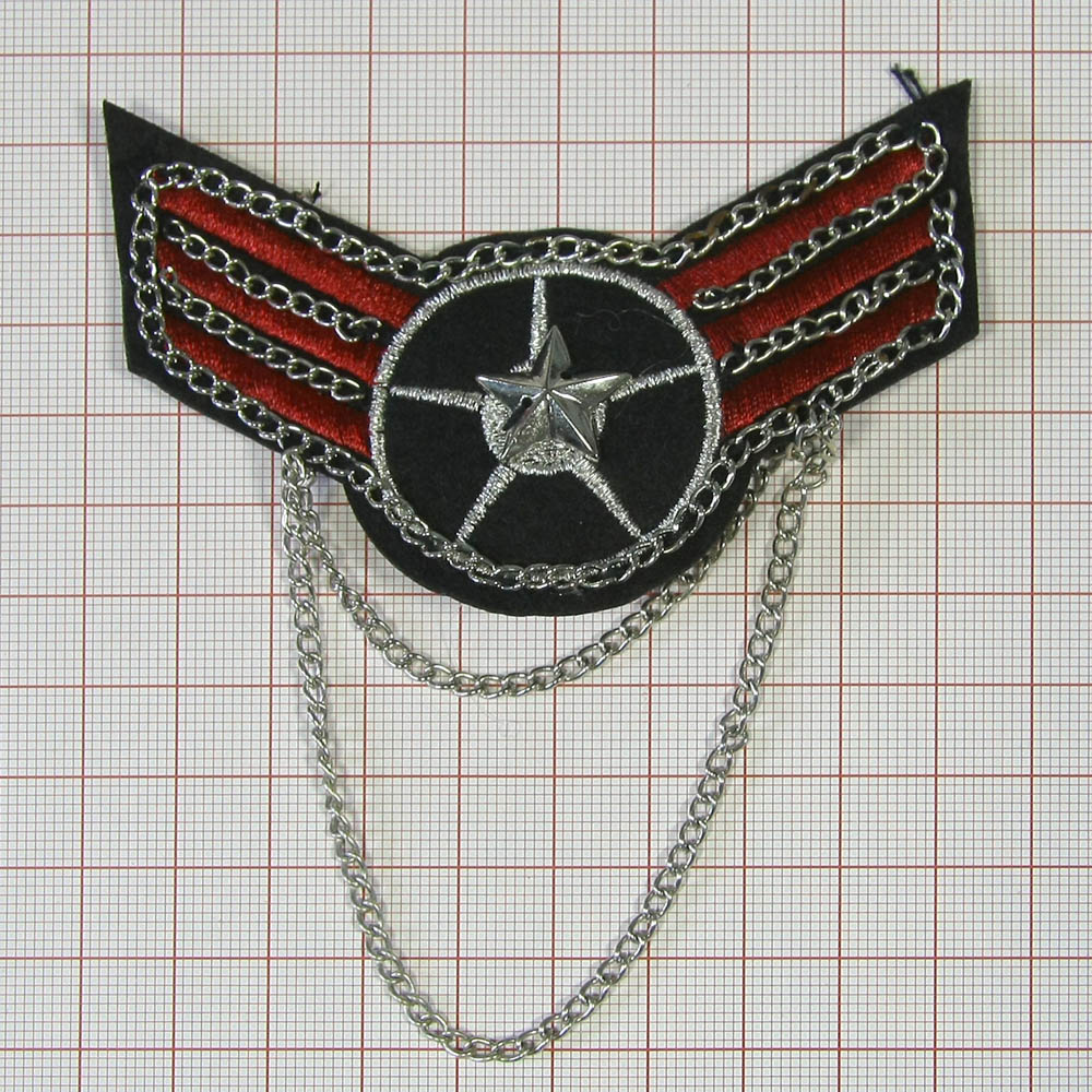 Брошь № 35 Крылья-колесо черный, красный, люрекс серебро, цепи, звезда NIK, шт. Броши