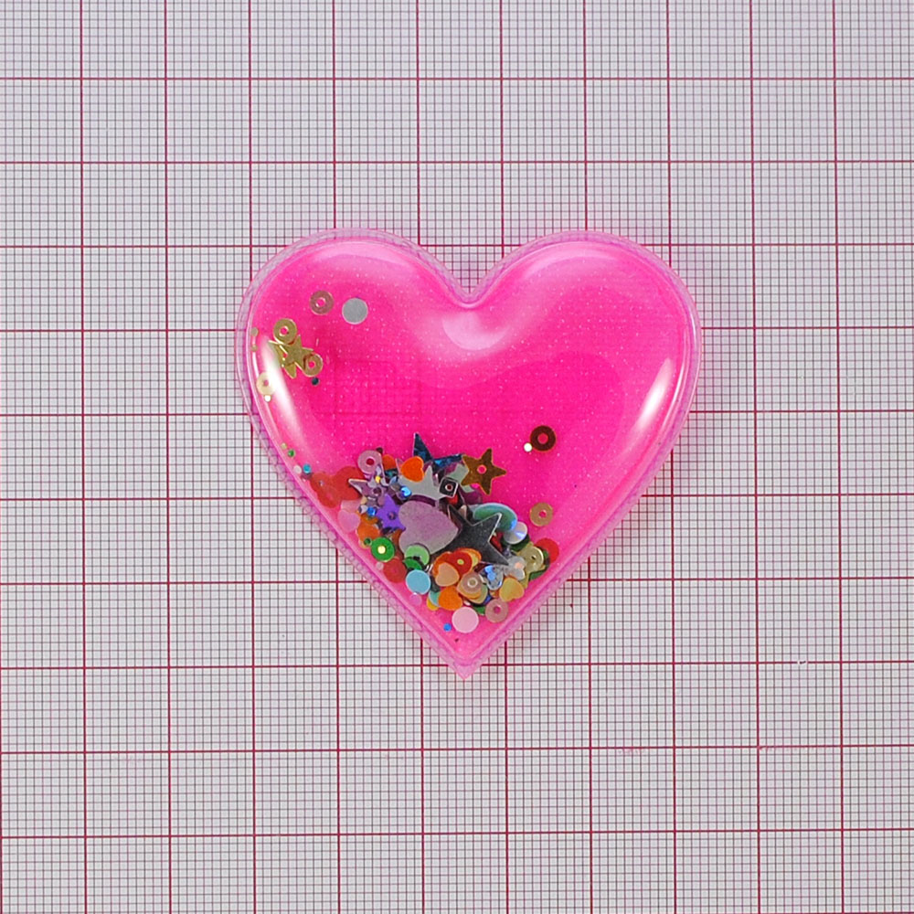 Аппликация пришивная силиконовая Аквариум с пайетками Сердце, 5,5*5,5см, прозрачный, розовый, шт. Аппликации Пришивные Резина, Силикон