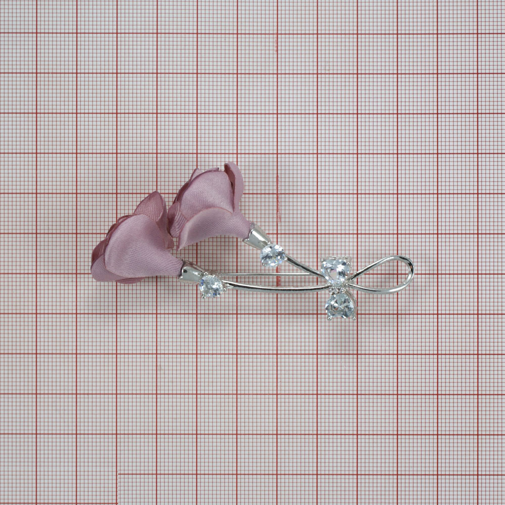 Брошь Бутон розы никель, светло-лиловый, белые камни. Броши