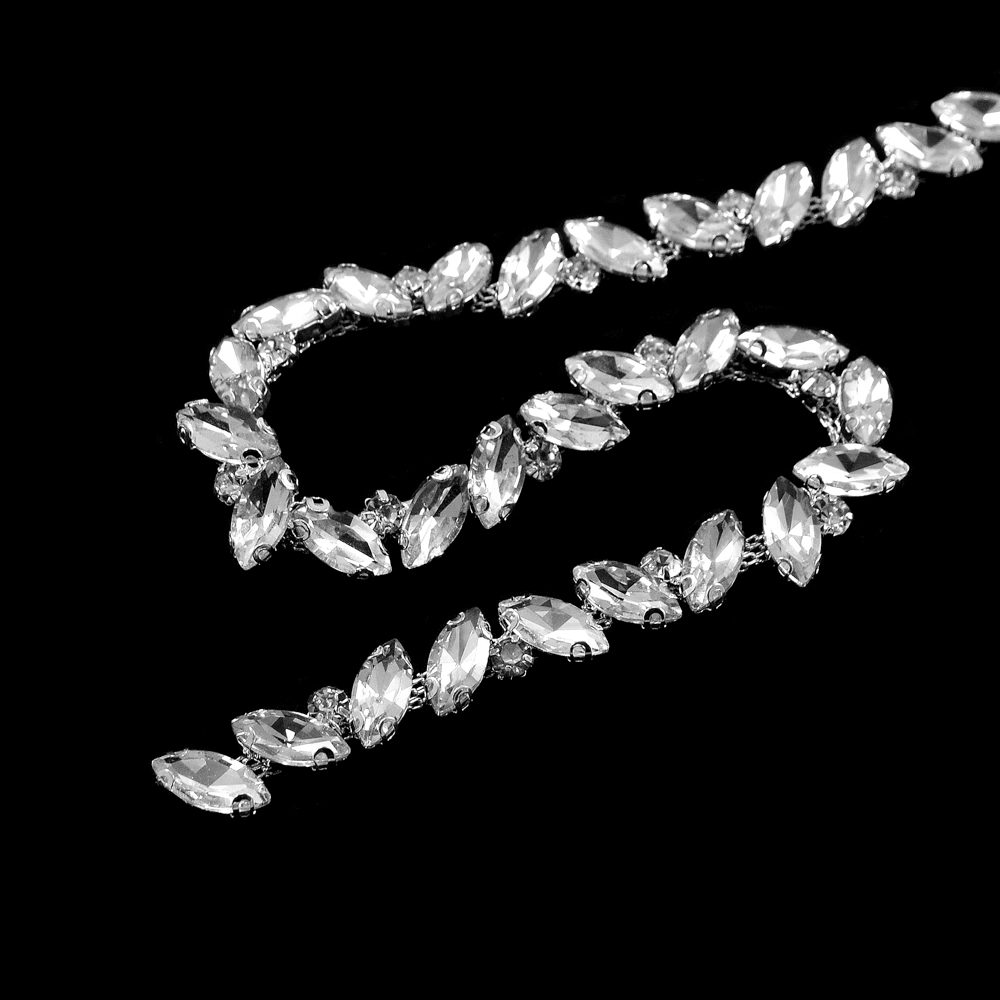 Тесьма стразы, овальные камни, 1см, никель, белый, ярд. Тесьма из страз