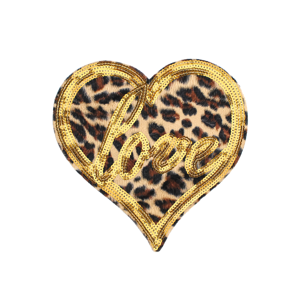 Аппликация пришивная пайетки и мех Сердце Love, 22*22.5см, леопардовый, золото, шт. Аппликации Пришивные Шерсть, Кружево