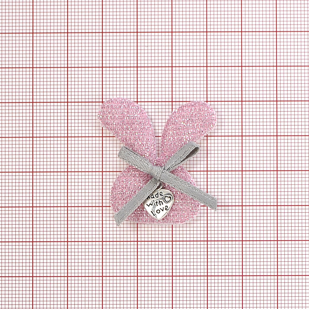 Аппликация тканевая пришивная детская Made with love Заяц 3,5*3,7см, розовый, люрекс, серый бант, шт. Нашивка Детская