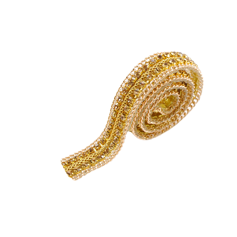 Тесьма стразы клеевые D14-1,1см светлое золото, камни топаз, ярд. Тесьма из страз