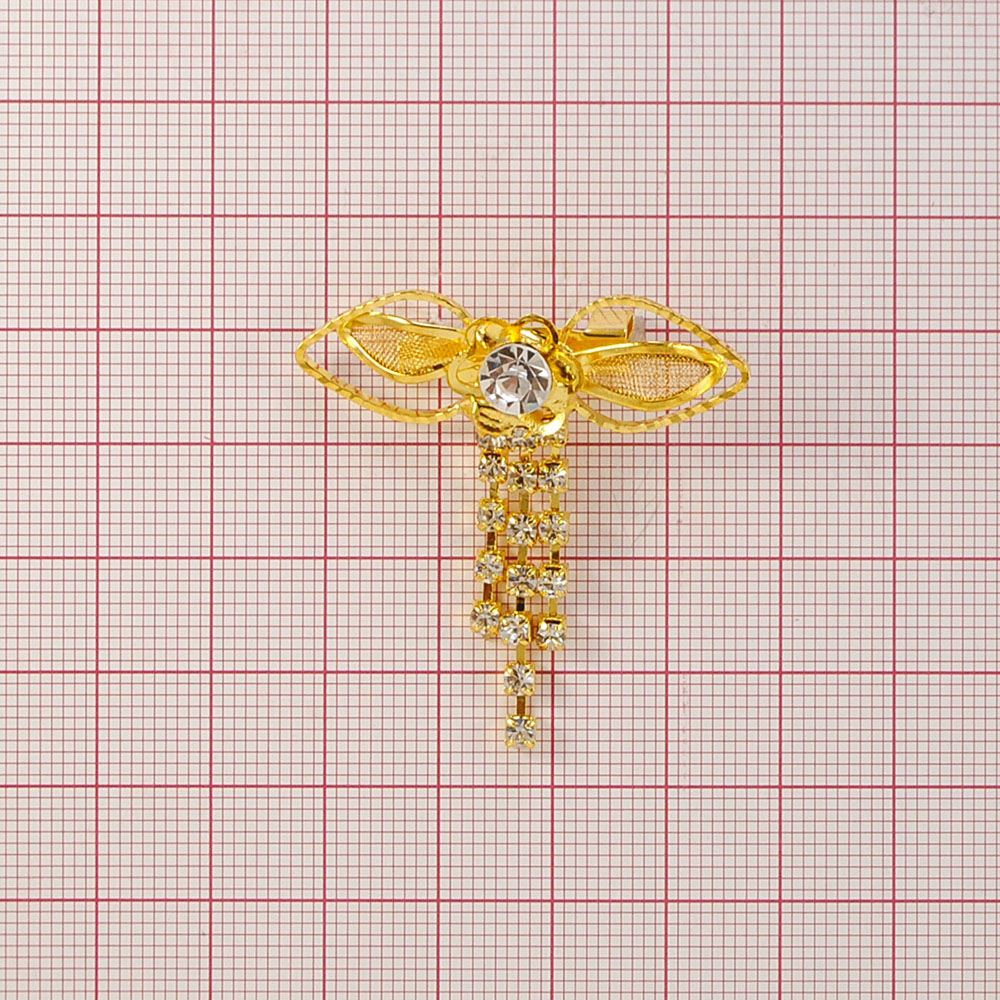 Брошь 6025 GOLD цветок, 2 лепестка сетка, 2 подвески по 5 и 6 мелких камней, шт. Броши