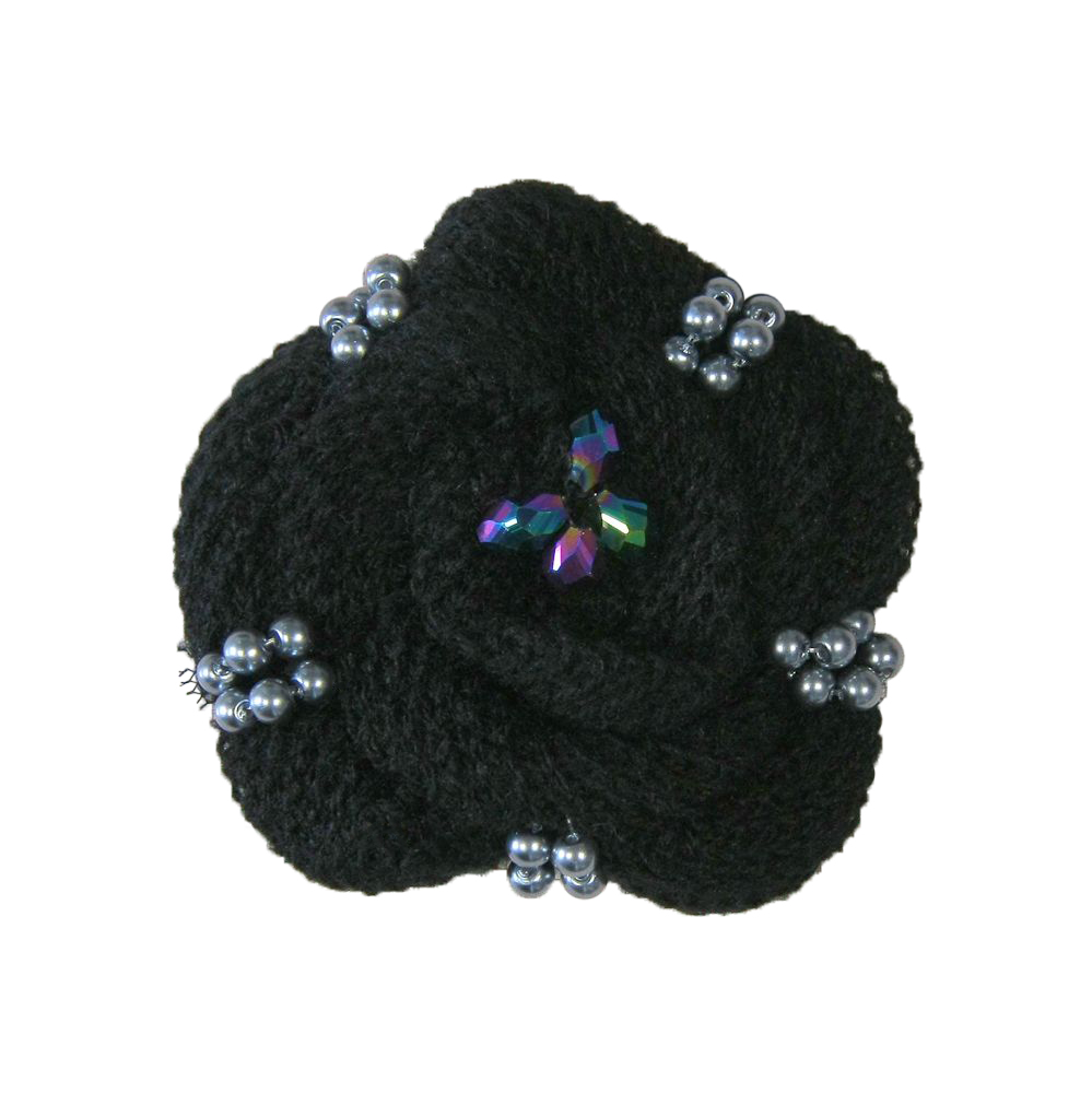 Аппликация декор обувная 35 цветок вязаный черный, 4 цветн. камня Глаз, бисер, шт. Аппликации Пришивные Обувные