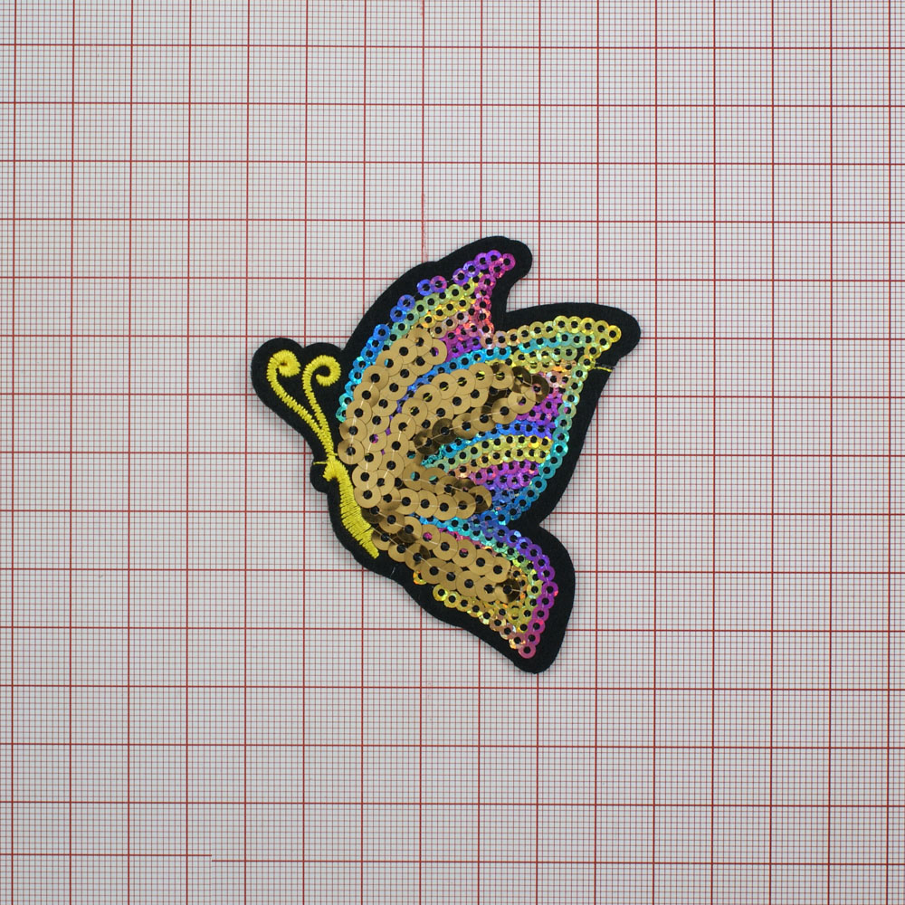 Аппликация клеевая пайетки Бабочка 7,4*6,7см желтая нить, золотистые, хамелеон пайетки. Аппликации клеевые Пайетки