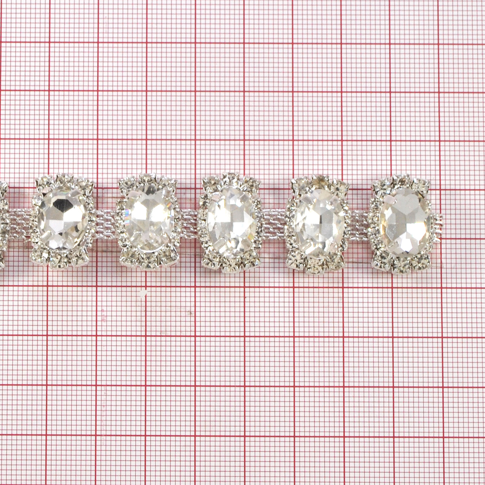 Тесьма стразы Солнышки, 2см, никель, белый, ярд. Тесьма из страз