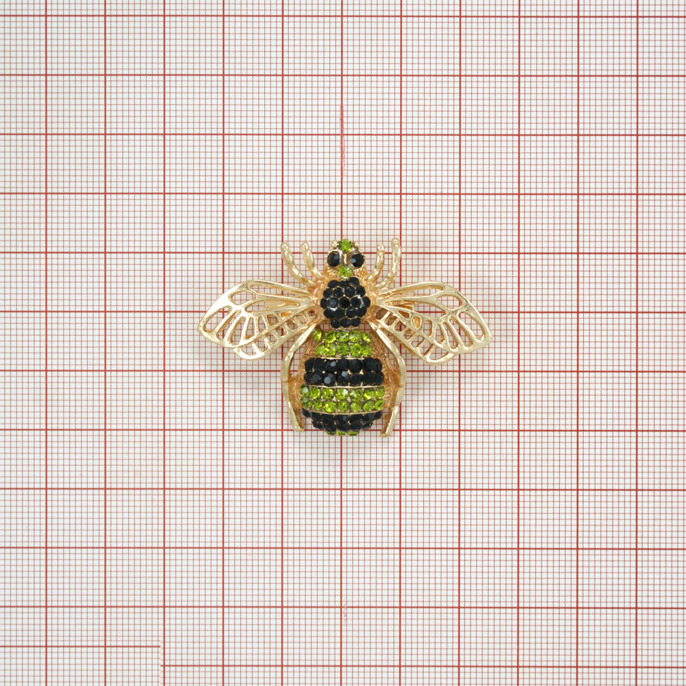 Брошь Пчела 5,5*4см GOLD черные, светло-зеленые камни. Броши