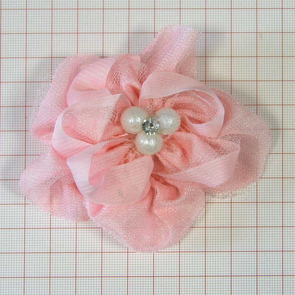 Аппликация декор цветок шифон розовый, 3 клубка, 1 камень. Аппликация Декор