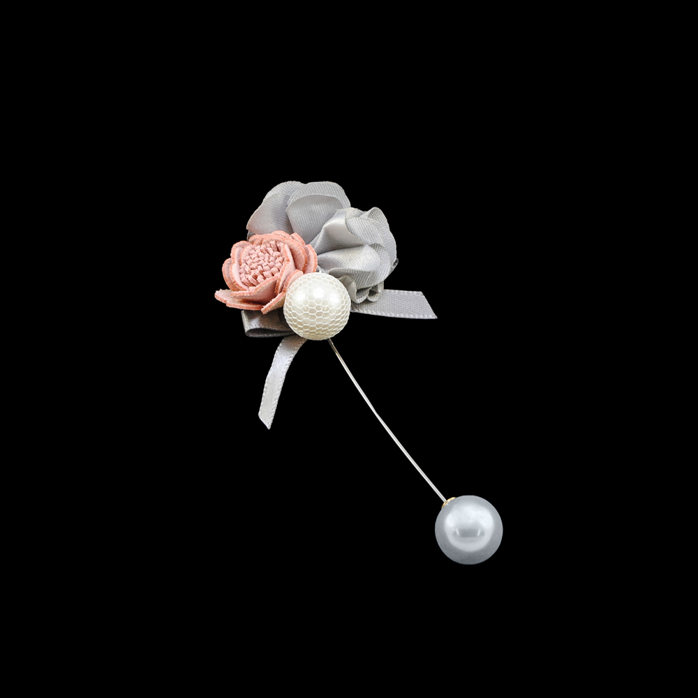 Булавка Пион 4*9см никель, белый жемчуг, серый, персиковый, шт. Булавки