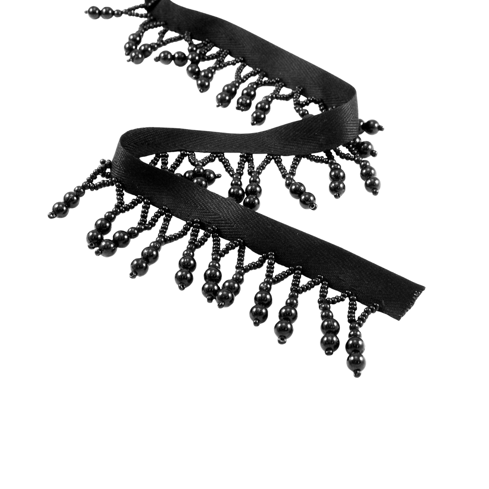 Тесьма Черная смородина с подвесками из бисера, 4см, черный, ярд. Тесьма
