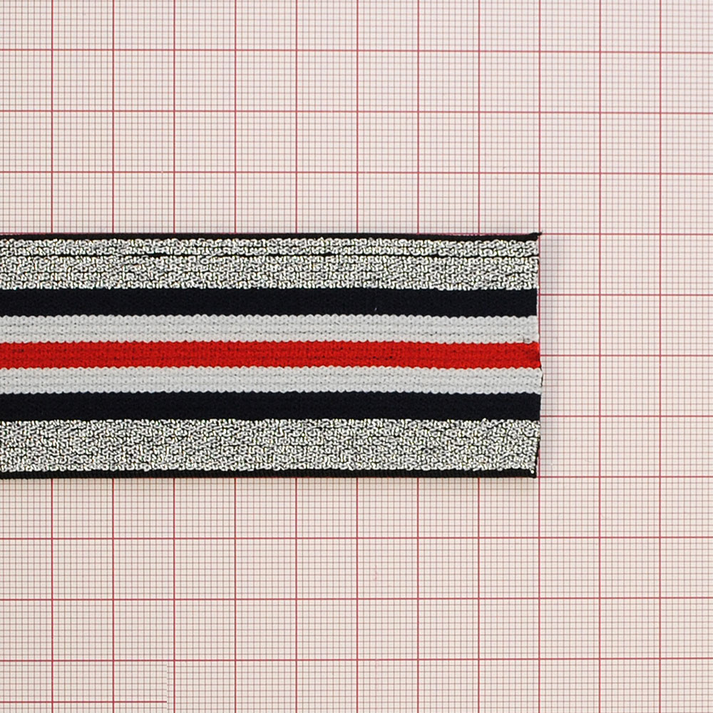 Резинка люрекс Полосы 4см, темно-синий, белый, красный и серебряный люрекс, 50ярд. Резинка