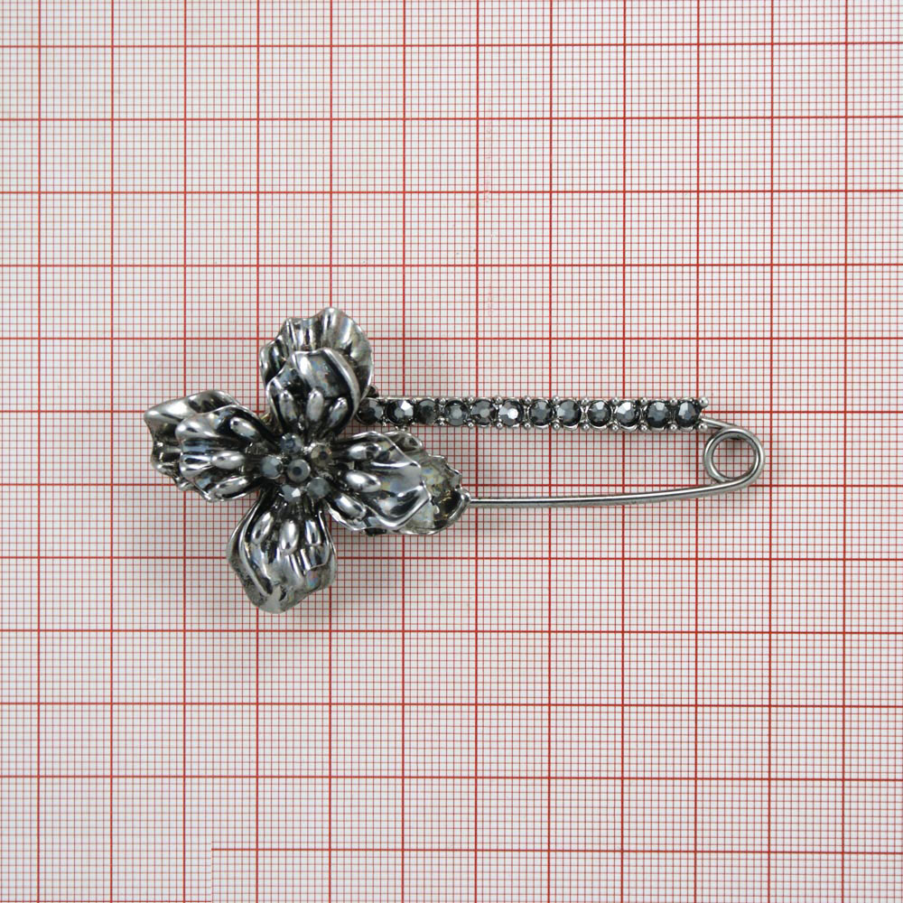 Булавка Цветок 40*82мм NICKEL и серые камни, черная эмаль, шт. Булавки