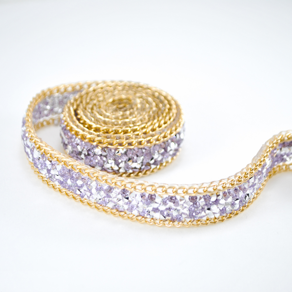 Тесьма стразы клеевая Гречка 18мм цепь GOLD, сиреневые с серебром, ярд. Тесьма из страз