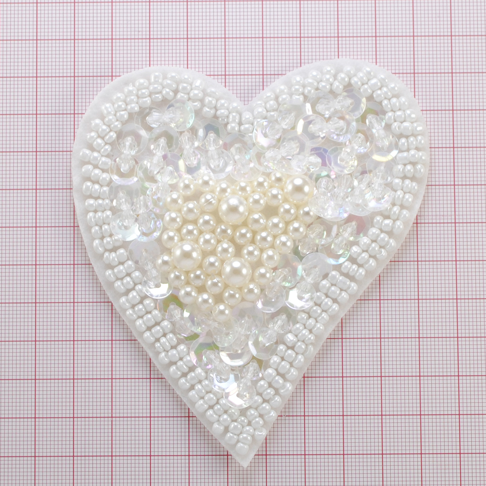 Аппликация, Сердце, 9,5*10,5см, бусины, пайетки, бел., шт.. Аппликации Пришивные Кружевные Вязаные